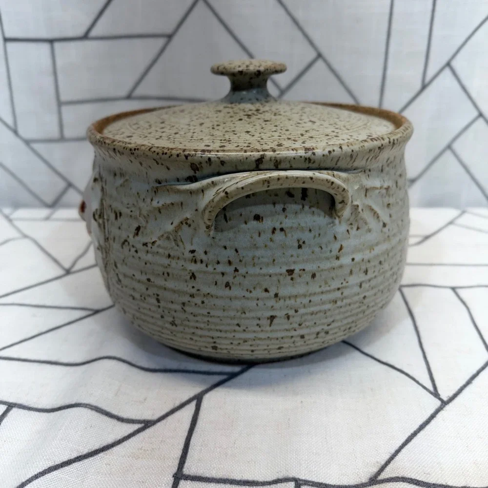 Crocker Nauvoo Studio Pottery Lidded Bean Pot 8in Tan Sun Face Celestial Signed